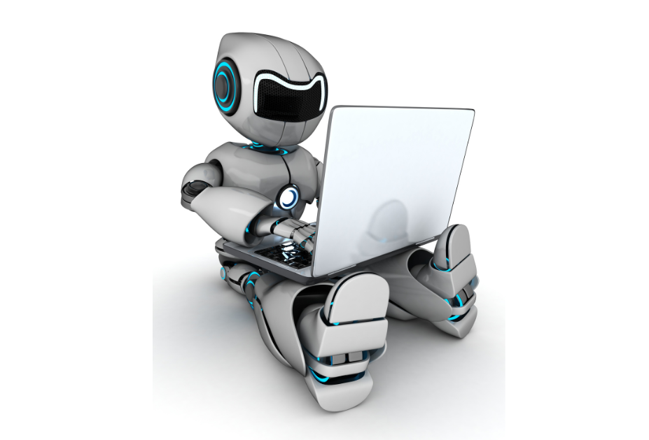 robot sitting down typing on laptop