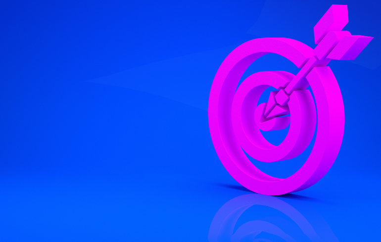bright blue background with bright pink target and arrow in the centre