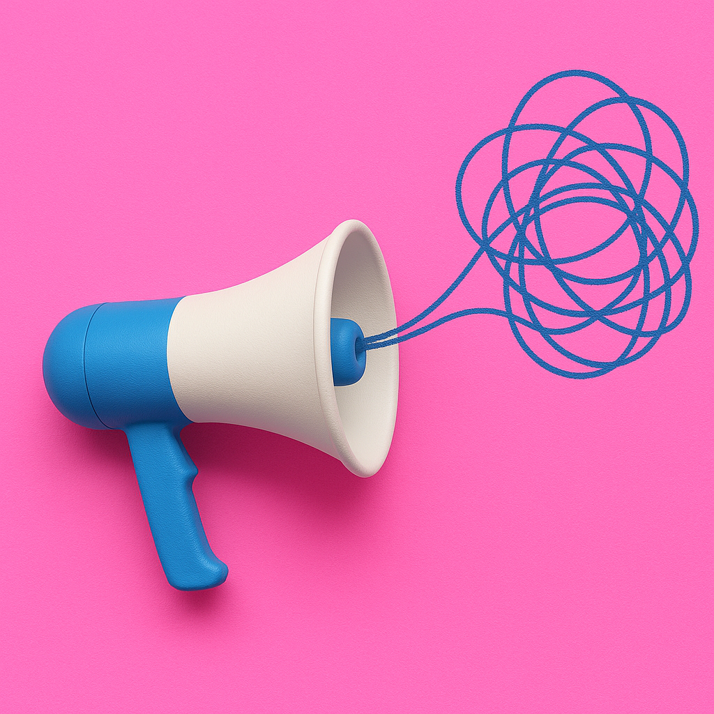 Blue and white megaphone with tangled scribbles instead of words