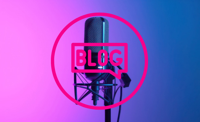 microphone on a blue/pink graded background, overlaid with Blog text