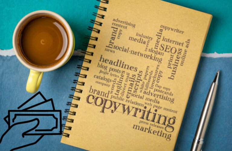 taken from overhead, a full coffee cup and a notebook with words relating to copywriting on the cover. Plus a sketched hand handing over money.