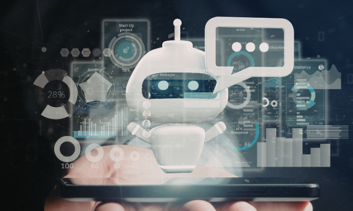 A hand holding an image of a robot with a speech bubble to illustrate AI search