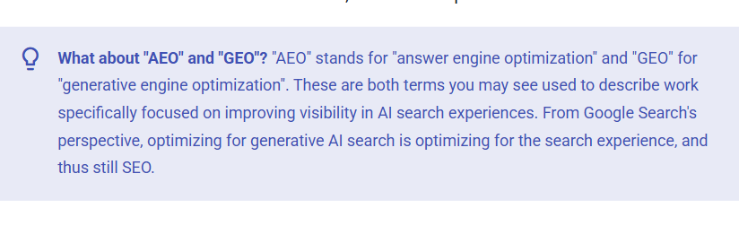 Screenshot of section from Google's guidelines about AEO and GEO in relation to generative AI search - and how it's just SEO