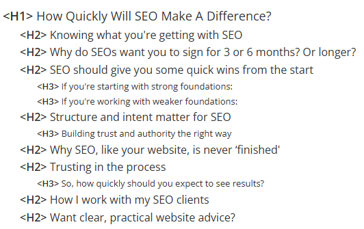A screenshot of the headings and how they are tagged from a blog about SEO by RB Writing